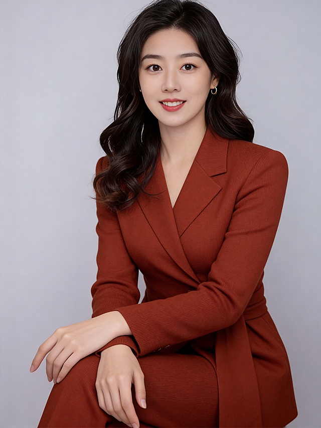 参考图中保留人物脸型、发型、年龄等特征生成职场形象照，保持人物不变，更换为砖红色精纺羊毛混纺西装外套，西裤同色，更换全新不同手势和姿势，调整手指位置，保留耳环，简约微微暖调浅灰色纯色背景，画质超高分辨率、细节清晰，现代精致感风格；肤质精细化处理；眼神直视镜头，目光坚定且澄澈，表情自然，嘴角上扬；肤色均匀，柔光美白细腻陶瓷肌肤，哑光肤质，肤色均匀提亮；杰作，最佳画质，超高细节，写实摄影，中近景人像，皮肤细腻通透，白皙清透皮肤，柔光，正面补光，画面干净清新，高清皮肤细节；面部光比1:1.5，4800K中性光，微微修饰脸型，肤质哑光细腻，面部雾面柔光，轻透裸肌感，真实毛孔纹理；分辨率4K，严格保留原人物特征
