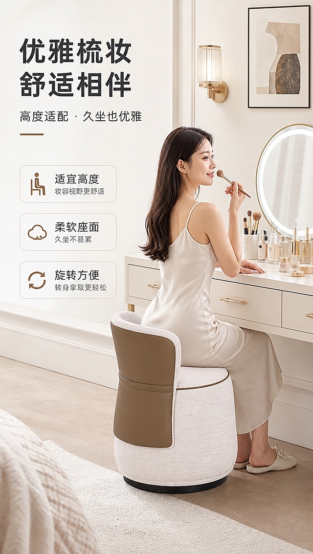 [商品] 使用【图1】右侧B2520妆凳；保留米白棉麻+咖棕仿真皮拼接、圆润造型、黑色转盘底座，颜色材质与原图一致；商品处理：自然理顺面料纹理，增强棉麻肌理与皮面光泽，底座金属质感提升，不改变外形结构和比例。
[画面] 目标：沉浸体验页·妆凳，展示梳妆台使用场景与高度适配。构图：左文右景，右侧约2/3为明亮轻奢梳妆台场景，一位亚洲年轻女性端坐于妆凳前对镜梳妆，姿态优雅，展示妆凳高度与使用舒适度；产品+人物占画面约60%；景别：中景；前中后景：前景梳妆台台面+化妆品摆件，中景妆凳+女性人物+梳妆台，后景奶白墙面+装饰画+壁灯；阅读动线：左上主标题→人物梳妆场景→左下卖点标签。
[视觉] 套系策略：风格=高级大气轻奢家居商业摄影；标题字=现代简约无衬线粗体；正文字=精致无衬线体；主色=奶白+浅灰；背景延展=基于奶白、浅灰做同色系深浅渐变、柔光墙面与细腻织物质感；强调色=咖棕（与产品皮面呼应），仅用于小面积图标、引线、标签和点缀；标题色=深炭灰；正文色=中暖灰；组件=圆角浅底信息卡、细金线引线、极简icon；光影=左前侧暖白柔光，明亮通透，人物面部柔和，阴影自然，整体亮色调。
[文字] 左上主标题：优雅梳妆 舒适相伴（8字）；副标题：高度适配 · 久坐也优雅（10字）；3个体验卖点：① 适宜高度 ② 柔软座面 ③ 旋转方便；文字区位于左上，不遮挡人物面部与产品主体，所有文字横向排版。
[规格] 淘宝/天猫详情页，单屏比例9:16竖版，4K分辨率，负向提示：避免变形、错字、文字过小、暗黑色调、冷蓝背景、产品结构改变、人物面部失真、极限词、平台Logo水印。