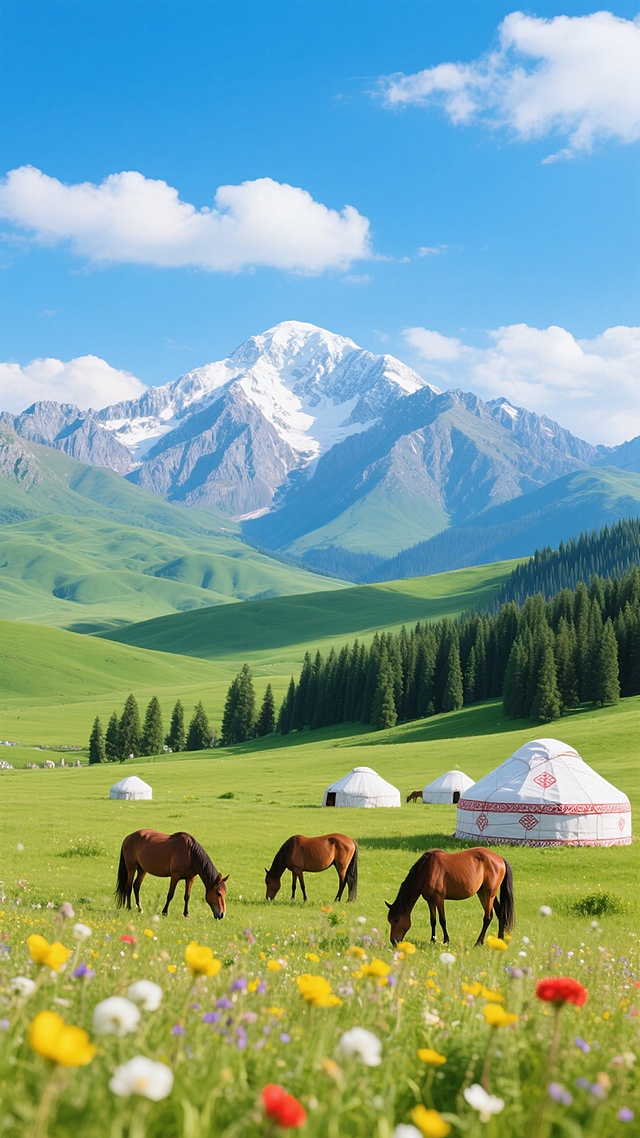 一幅高清晰摄影风格的风景海报，明亮通透的光线，湛蓝的天空飘着几朵白云，远方是巍峨壮丽的雪山，山顶覆盖着皑皑白雪，山体呈现出灰蓝色的岩石纹理，山脚下是连绵起伏的绿色丘陵和茂密的墨绿色云杉林，近处是广阔无垠的青翠草原，草原上点缀着白色和红色相间的蒙古包，几匹棕色的骏马正在悠闲地低头吃草，前景是色彩斑斓的野花丛，有黄色、白色和红色的花朵，整体构图采用由近及远的层次感，色彩鲜明和谐，营造出宁静、自然、辽阔的高原草原氛围，充满生机与壮美。