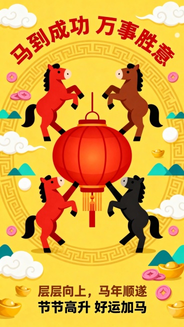 新中式，纯扁平风，明黄底色，中心对称构图，4只红棕黑配色的卡通小马从四个方向触摸画面中央的红灯笼，背景搭配传统回纹、祥云、元宝纹样，画面顶部是弧形排列的主标题 “马到成功 万事胜意”，采用红色超大字体预览效果