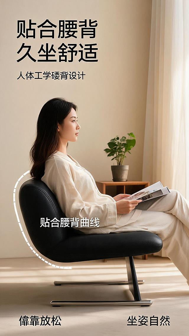 [第5张] 坐感体验页-模特倚靠坐姿+人体工学靠背弧度。本张使用【图1】左侧黑色款作为商品主体。
[氛围/风格] 温馨居家生活方式风，自然松弛，午后暖光氛围。
[元素布局] 黑色双人矮背椅置于画面中央，占比约55%；一位亚洲女性侧身倚靠坐在椅子上，手持杂志，姿态放松自然；靠背处叠加柔和弧线标注，展示人体工学贴合度；背景为简约客厅一角，含窗帘、绿植、小边几；椅子结构、颜色与输入图一致。
[光影质感] 右侧暖调自然光，柔和漫射，人物与椅子光影自然，皮肤与皮革质感真实，阴影柔和。
[配色色系] 全局底色#F5F1EC（米杏色）；主色黑色椅身+暖肤色；辅助色米白、浅绿、木色。
[视角构图] 侧面45°视角，平视高度，景深自然，阅读动线上方标题→中部人物+产品→底部体验文案。
[文字版式] 左上主标题「贴合腰背 久坐舒适」，副标题「人体工学矮背设计」；靠背弧线旁标注「贴合腰背曲线」；底部两条体验文案「倚靠放松」「坐姿自然」。
[比例分辨率] 9:16竖版比例，2K分辨率，文字清晰可辨，高清画质。
[负向提示词] 人物变形，椅子变形，缺件错件，颜色偏差，水印，文字错乱，背景杂乱。