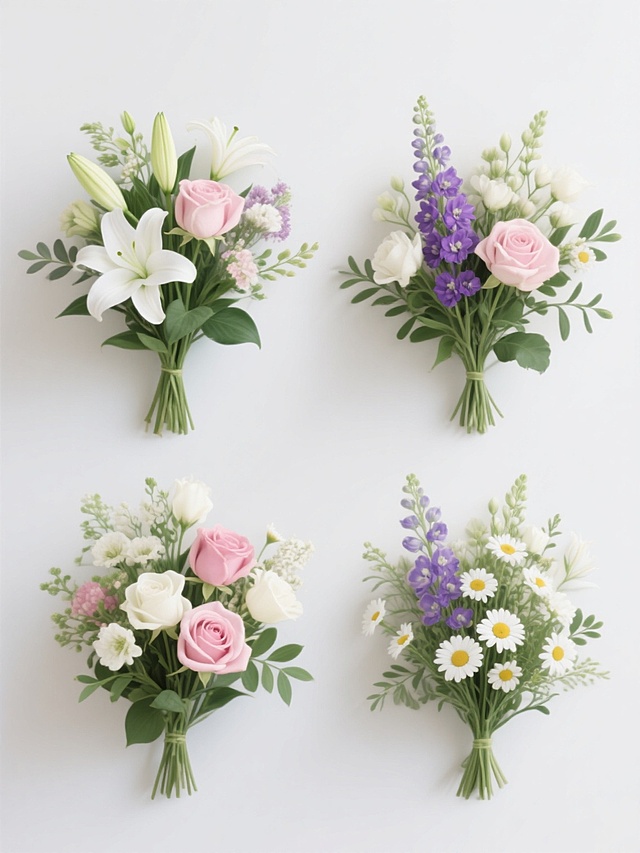 简约现代风格，四个规整排布的鲜花花簇素材，每个花簇包含不同种类的鲜花，有白色百合、粉色玫瑰、紫色飞燕草、白色小雏菊等，搭配绿色枝叶，整体造型饱满自然，色彩清新柔和，采用纯色背景，无任何文字、logo和水印，画面干净整洁，视觉层次分明，设计感十足。