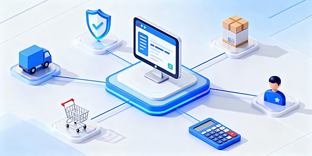 中间平台上一个电脑图标，电脑屏幕显示简化的系统界面，向周围发散线条连接订单、货车、盾牌、购物车、人物头像、计算器等科技风格立体图标，形成协作平台，3D渲染，浅蓝色白色渐变配色，搭配少量相似色和点睛色做点缀，严肃活泼，空间感，弥散阴影，主体突出，中心构图，黄金分割，结构合理，逻辑清晰，无杂乱元素，简洁现代的设计语言和统一的视觉权重，整体呈现科技感与专业性，等轴侧视角，工作室照明，色彩明亮活泼，无文字，柔和工作室照明，OC渲染，C4D，光线追踪，生成三张供选择