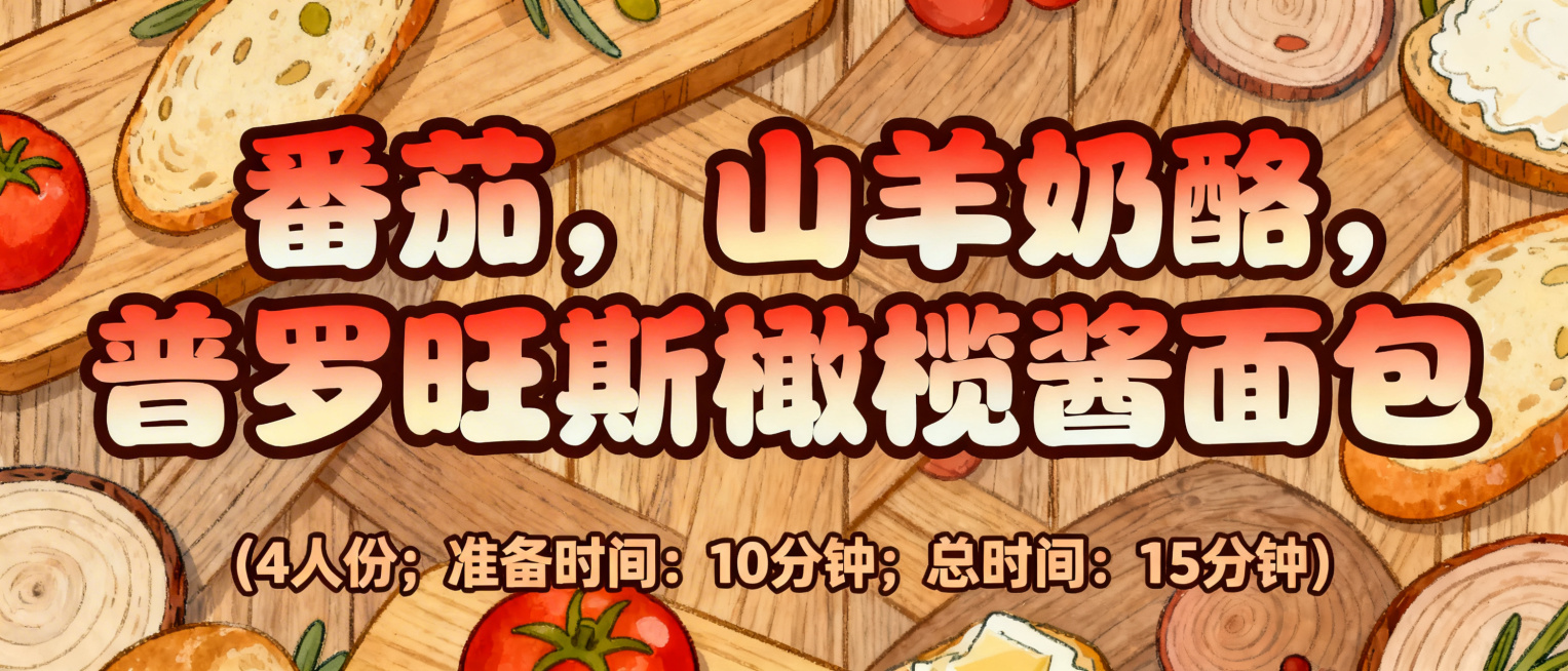 活泼可爱风格艺术字，第一排是"番茄，山羊奶酪，普罗旺斯橄榄酱面包"，字体圆润饱满，采用暖番茄红搭配浅奶白渐变，边缘加深棕色描边增强木质底图适配性；第二排小字是"(4人份；准备时间：10分钟；总时间：1预览效果