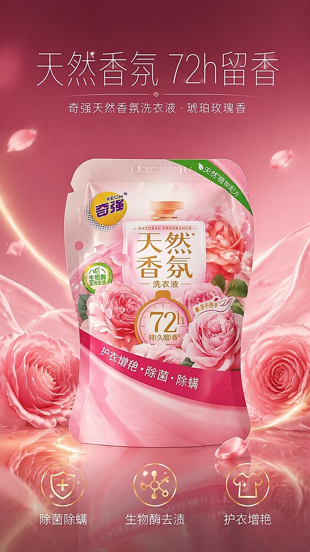 第1张 详情页头图，奇强天然香氛洗衣液袋装，高端深玫瑰金轻奢风。使用图1作为商品主体。
抖音快手竖版，高端轻奢，深玫瑰金渐变，品质感。
洗衣液袋立于画面中央占50%，外观与输入图一致。背景深玫瑰金到浅粉渐变，玫瑰金色光效线条和光斑。底部玫瑰金色倒影。两侧玫瑰花瓣和柔纱漂浮带玫瑰金色边缘光。
侧逆光+玫瑰金色轮廓光，产品立体，高端商业摄影质感。
背景深玫瑰金#8B2252渐变到浅粉，主色产品玫瑰粉，辅助色金色光效，点缀色玫瑰花瓣。
顶部大标题「天然香氛 72h留香」白色细黑体；副标题「奇强天然香氛洗衣液·琥珀玫瑰香」白色；底部三个金色图标+文案「除菌除螨」「生物酶去渍」「护衣增艳」。高端大气。
9:16竖版，4K高清。
负向：变形，错字，模糊，杂乱，水印，价格。