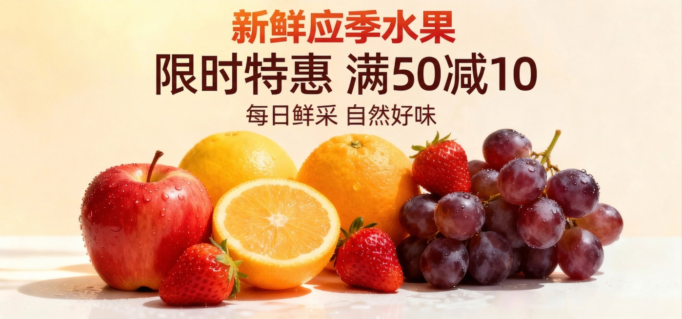 把大标题改小，将优惠信息“限时特惠 满50减10”放到上方位置，保持原图其他内容和风格不变，保留水果、“新鲜应季水果”“每日鲜采 自然好味”这些文字预览效果