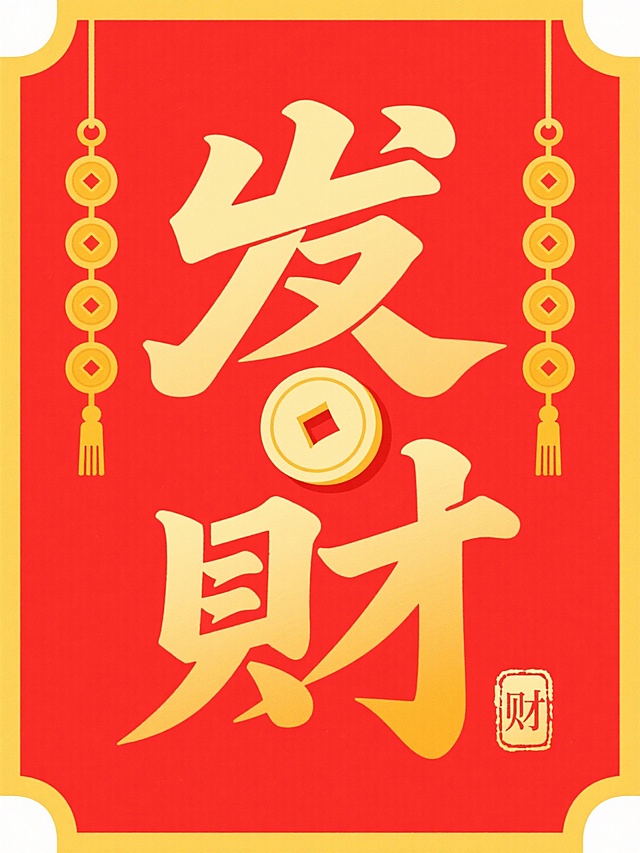 上下排列的书法风格金色 “发财” 二字，二字中间放置一枚米黄色的金币剪影，两侧对称悬挂金色铜钱串，字及元素被方形中式边框包裹，搭配 “财” 字印章，红黄色调，红色背景。整体呈现招财进宝的喜庆氛围。