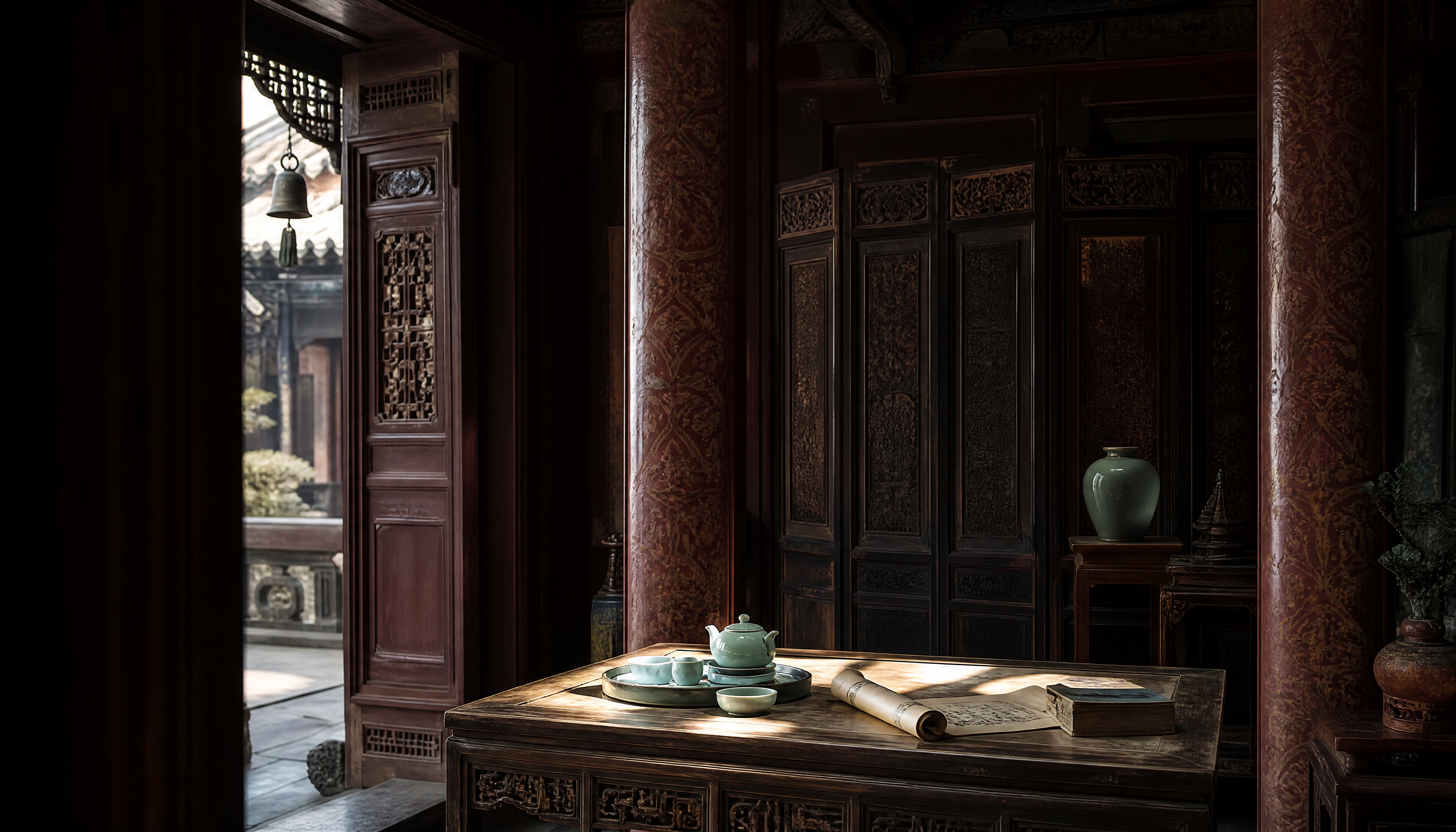 平视视角，古代官宦府邸正式厅堂场景。厅堂立有朱红缠枝纹样立柱，… - 图片创意预览