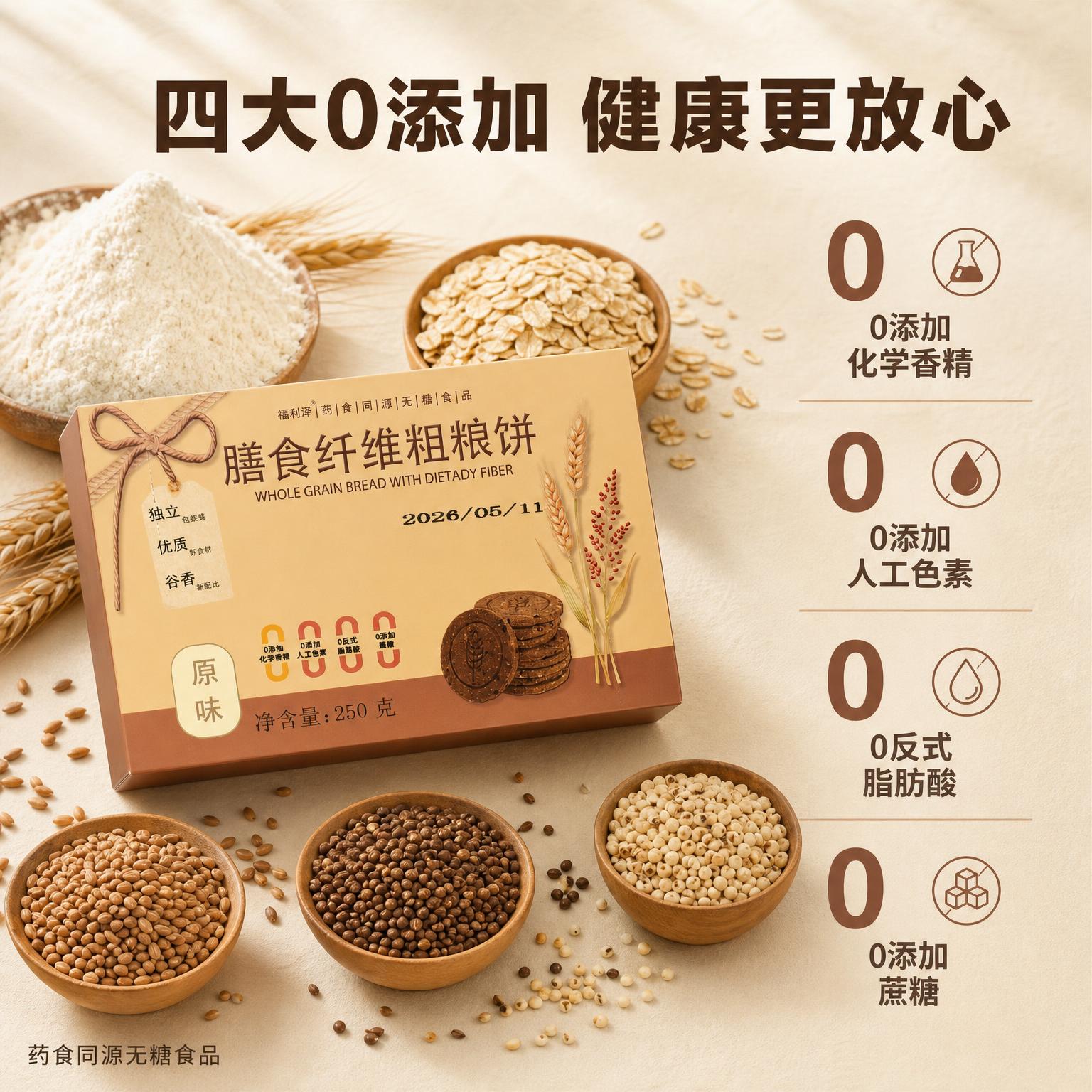 [主图-2] 膳食纤维粗粮饼核心卖点溯源图，四大0添加健康保障… - 图片创意预览