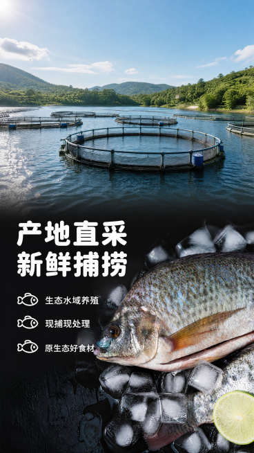 [第2屏] 产地直采展示-腌制臭鲷鱼新鲜罗非鱼原料产地。
[氛围/风格] 原生态自然风，明亮自然光，突出产地新鲜活力，商业摄影质感。
[元素布局] 上半部分放置淡水渔场实拍全景图，下半部分左侧保留文案预览效果