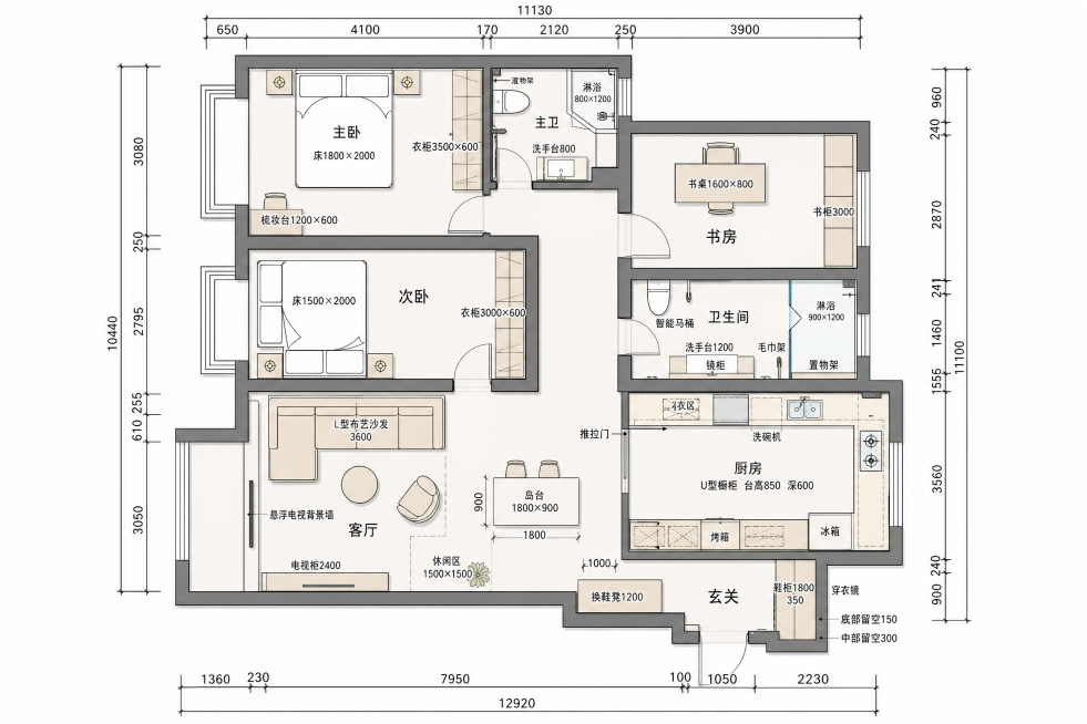 根据户型描述，在原始户型图基础上生成平面布局图，包含以下所有布局内容：
1. 玄关：右侧定制深度350mm长度1800mm顶天立地鞋柜，底部留空150mm，中间留空300mm，左侧定制长度1200mm预览效果