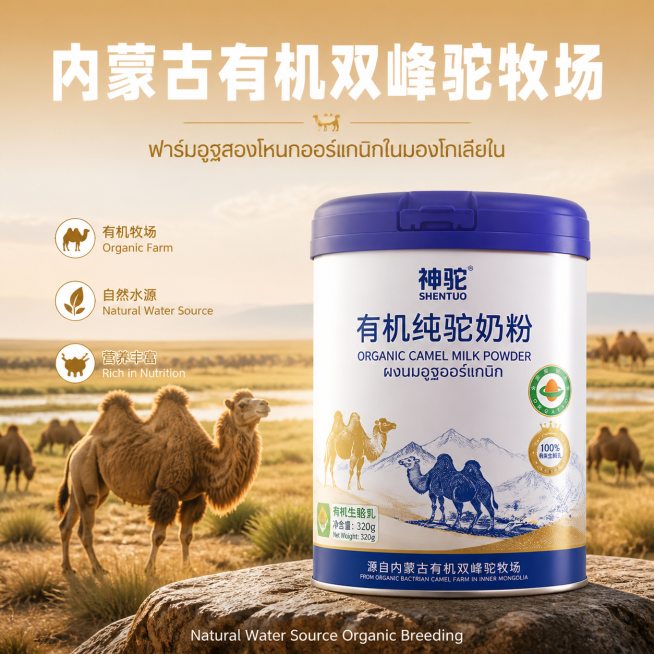 严格还原神驼有机纯驼奶粉产品图，包括包装设计、蓝白配色、LOGO 位置、文字内容、骆驼与沙漠图案元素等所有细节，产品为 320g 罐装有机纯驼奶粉。画面比例 1:1，整体为适配泰国市场的明亮清新杂志风预览效果