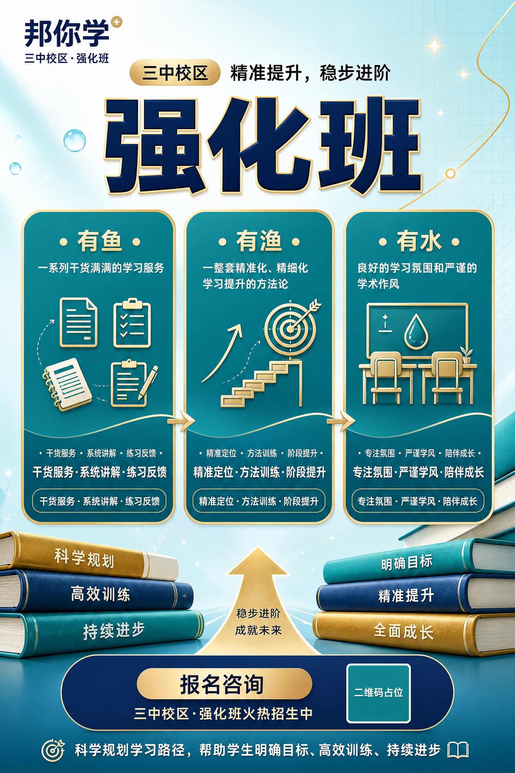 参考例图的版式骨架与青蓝金配色氛围，复刻一张竖版课程招生海报，… - 图片创意预览