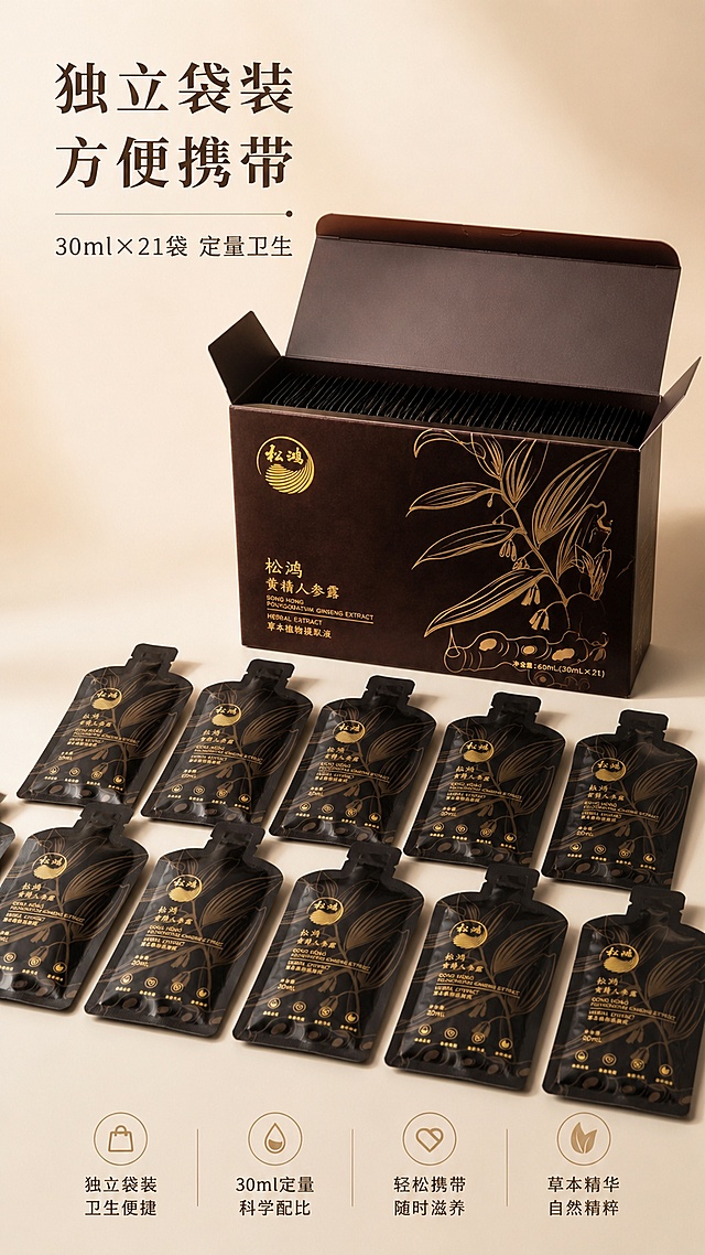 [第6屏] 独立包装细节展示屏，本屏使用【独立袋https://gdesign-dam-hz.dancf.com/37016750038698087/ad987164a8da4ab5bc01193aa336d1ed.png】+【包装盒套装https://gdesign-dam-hz.dancf.com/37016750038698088/2cdf7474743d4f39a1ab992acc9a3e9e.png】作为展示主体。
[氛围/风格] 实用性细节展示，干净整洁，清晰质感。
[元素布局] 展示外盒打开效果，独立小袋斜放排列在前方，外盒放置在画面后方衬托，清晰展示每袋为独立30ml条状设计，包装图案、文字与用户提供图一致，整体结构清晰。
[光影质感] 顶侧柔光，突出独立包装袋的纹理和易撕口设计，明暗层次清楚，细节清晰可见。
[配色色系] 全局底色 #F8F4ED；主色深棕金色同外盒；辅助色浅米背景，深棕文字。
[视角构图] 平拍开盒视角，重点展示内包装独立设计，结构清晰。
[文字版式] 标题「独立袋装 方便携带」放置左上，副标题「30ml×21袋 定量卫生」，字体风格保持统一，文字清晰不遮挡主体。
[比例分辨率] 9:16 竖版比例，4K分辨率，文字清晰可辨，高清画质。
[负向提示词] 包装结构错误，数量不对，文字错乱，产品变形，水印。