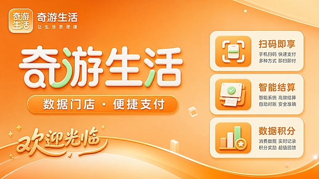 奇游生活收银台背景墙设计，横版16:9。现代简约科技风格，适合门店收银区域。背景为橙色渐变，左上角放置奇游生活品牌logo，中央主标题大字"奇游生活"，下方副标题"数据门店 · 便捷支付"。右侧有三个信息卡片分别标注"扫码即享"、"智能结算"、"数据积分"，配有简约图标。左下角有"欢迎光临"装饰文字。整体设计简洁大气，3D质感，光线柔和，版式精美，适合作为收银台背景墙使用。画面中所有文字必须清晰可读。画面中所有信息区域必须填充完整合理的内容，不得出现空白框。