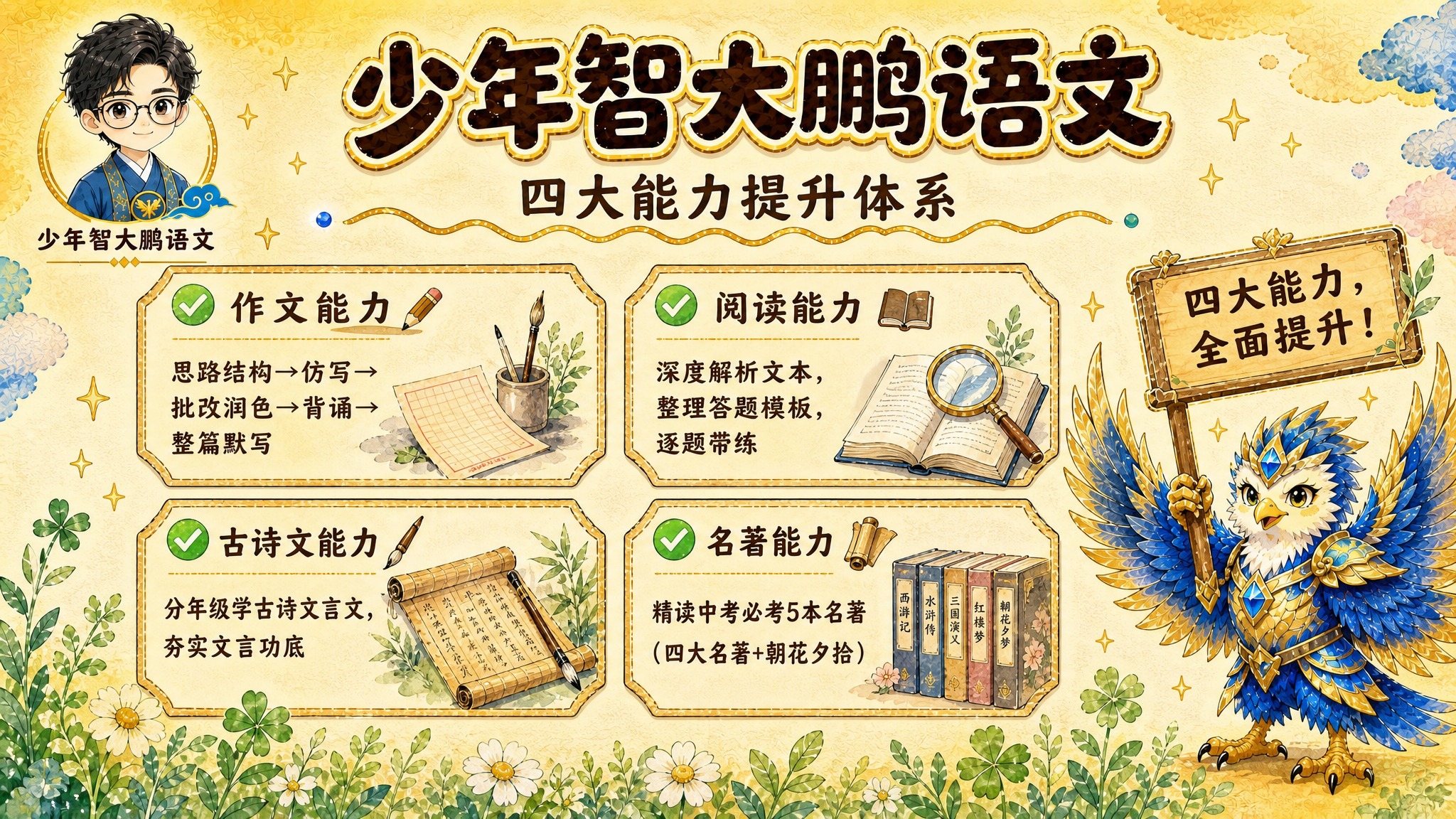 参考图3的名著精读计划海报版式风格，制作「四大提升能力」总览海… - 图片创意预览