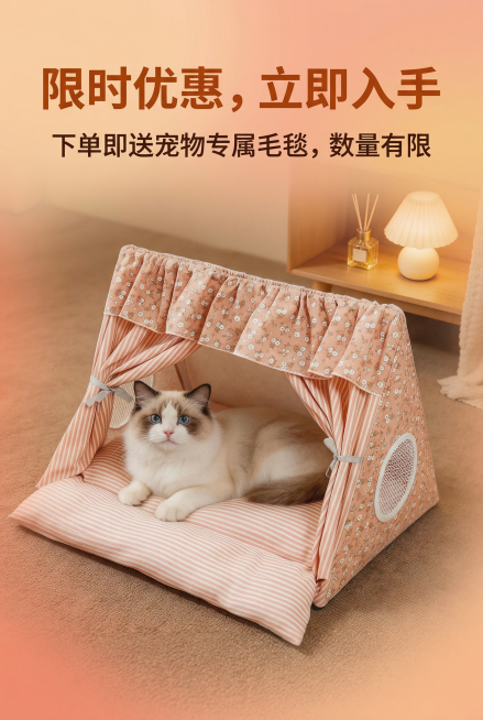 2:3竖屏，杂志级精致排版，背景为暖光渐变，主标题“限时优惠，立即入手”，副标题“下单即送宠物专属毛毯，数量有限”，文字排版居中，用加粗无衬线字体，配色醒目，高级统一，无割裂感。预览效果