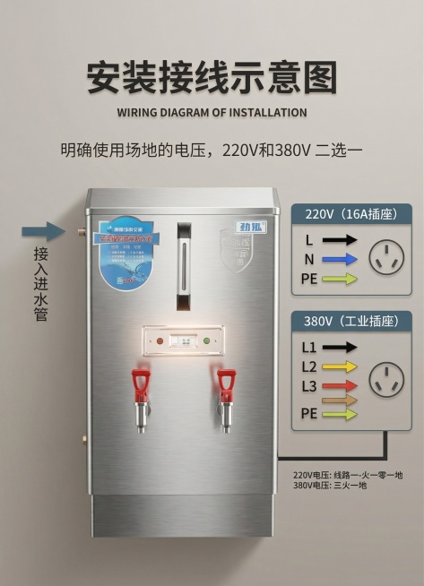 在原有优化基础上，进一步提升这张商用电开水器详情图的高级感，优化光影效果，提升材质质感，让整体设计更简洁高端预览效果
