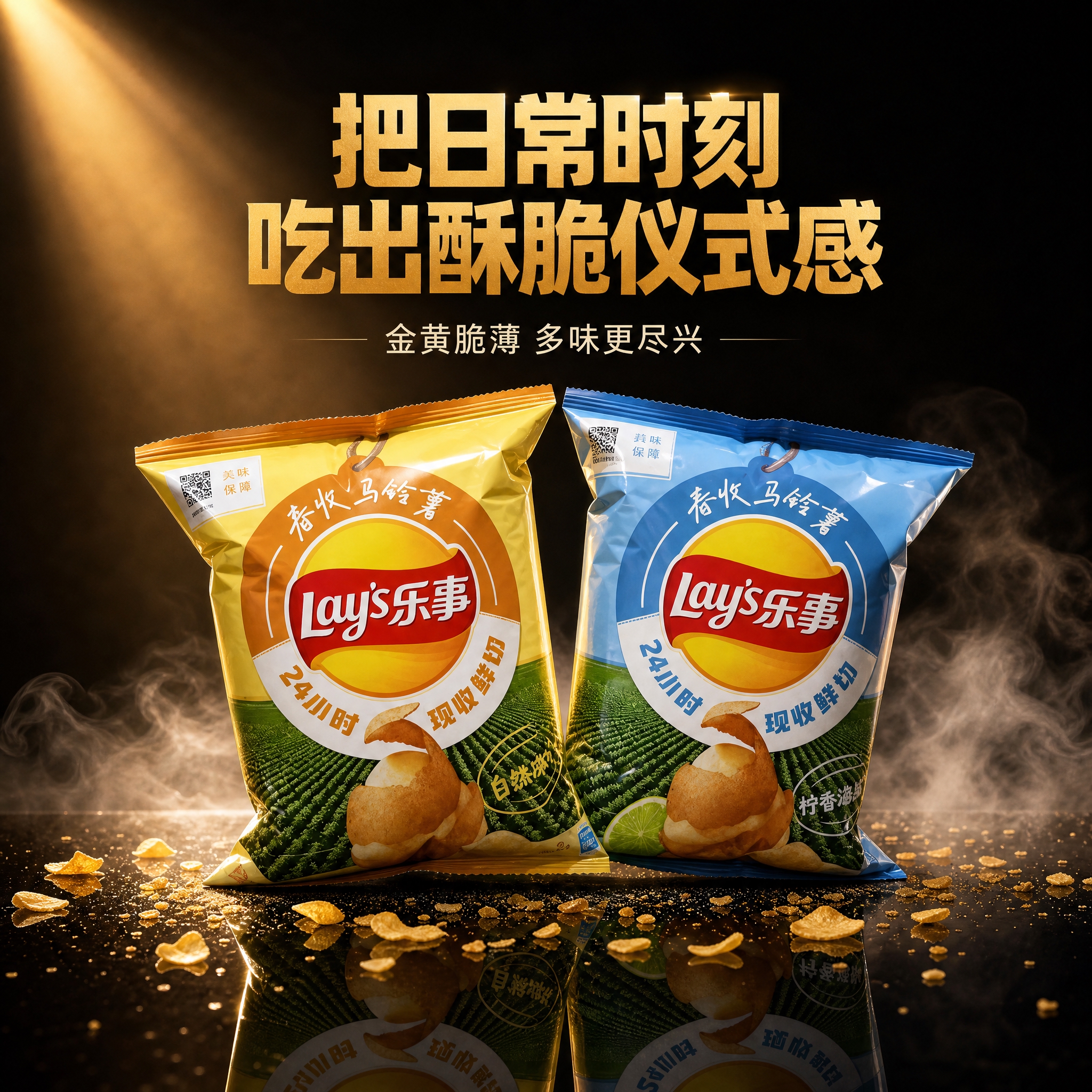 生成一张高级质感风格的乐事薯片电商主图。深黑渐变背景，暖金色聚… - 图片创意预览