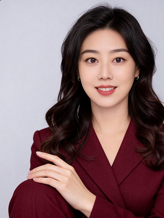 参考图中保留人物脸型、发型、年龄等特征生成职场形象照，保持人物不变，更换为酒红色精纺羊毛混纺西装外套，西裤同色，更换全新不同手势和姿势，调整手指位置，保留耳环，简约微微暖调浅灰色纯色背景，画质超高分辨率、细节清晰，现代精致感风格；肤质精细化处理；眼神直视镜头，目光坚定且澄澈，表情自然，嘴角上扬；肤色均匀，柔光美白细腻陶瓷肌肤，哑光肤质，肤色均匀提亮；杰作，最佳画质，超高细节，写实摄影，中近景人像，皮肤细腻通透，白皙清透皮肤，柔光，正面补光，画面干净清新，高清皮肤细节；面部光比1:1.5，4800K中性光，微微修饰脸型，肤质哑光细腻，面部雾面柔光，轻透裸肌感，真实毛孔纹理；分辨率4K，严格保留原人物特征