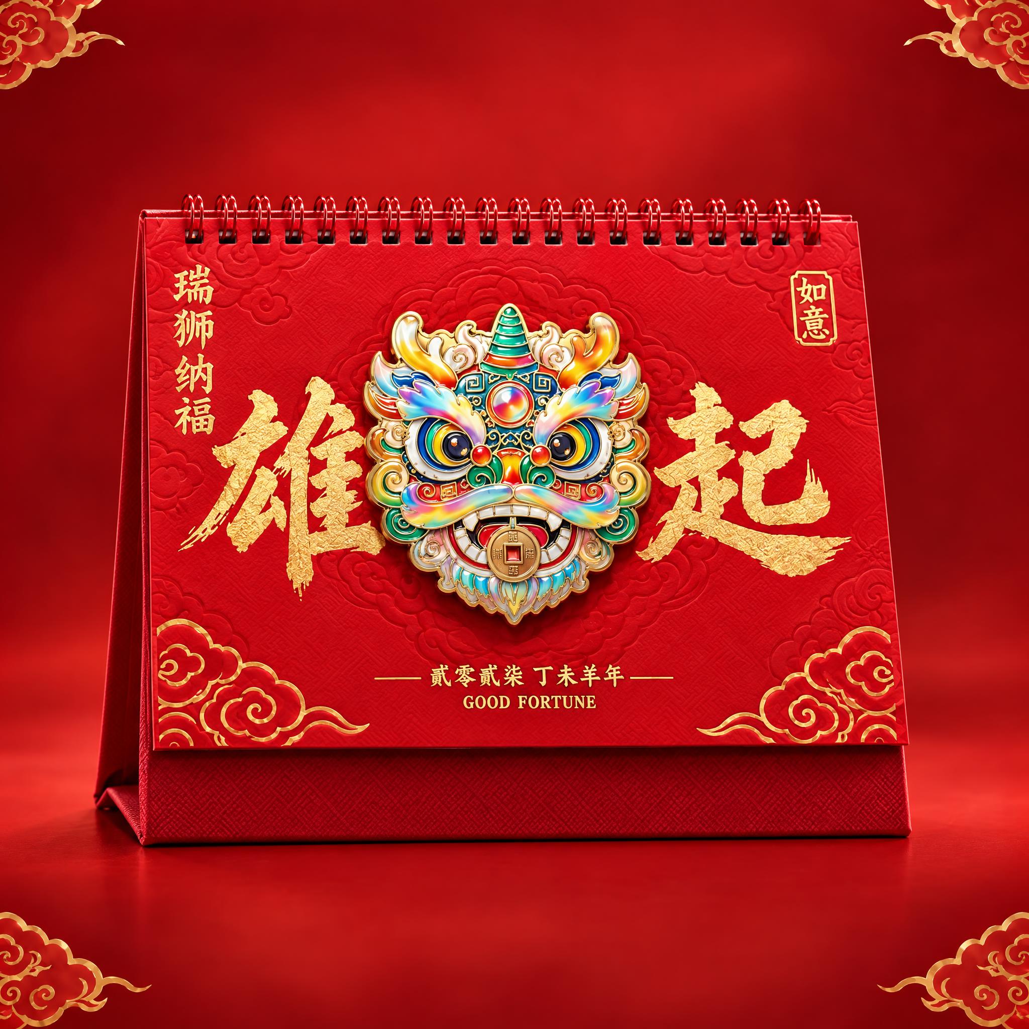 将这张四宫格图中的瑞狮纳福款（右下醒狮款）台历单独提取出来，生… - 图片创意预览