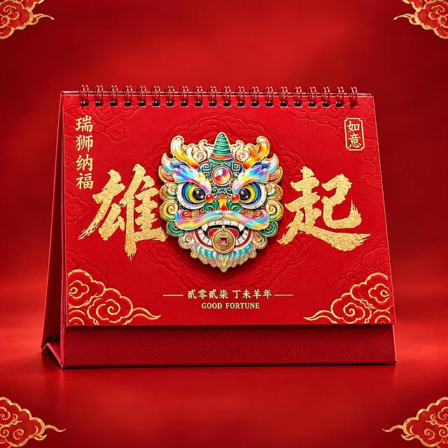 将这张四宫格图中的瑞狮纳福款（右下醒狮款）台历单独提取出来，生成一张单独的选品图。保留台历完整外观：红色台历封面、立体珐琅彩醒狮造型（色彩斑斓，口中含铜钱）、烫金"雄起"大字、左侧竖排"瑞狮纳福"、右上角"如意"印章、底部"贰零贰柒丁未羊年 GOOD FORTUNE"烫金小字、红色线圈和三角底座。背景为纯净的中国红渐变，四角点缀少量金色祥云纹样，整体风格高端国潮，适合选品展示。台历居中放置，占画面约70%，正面微仰视角度。