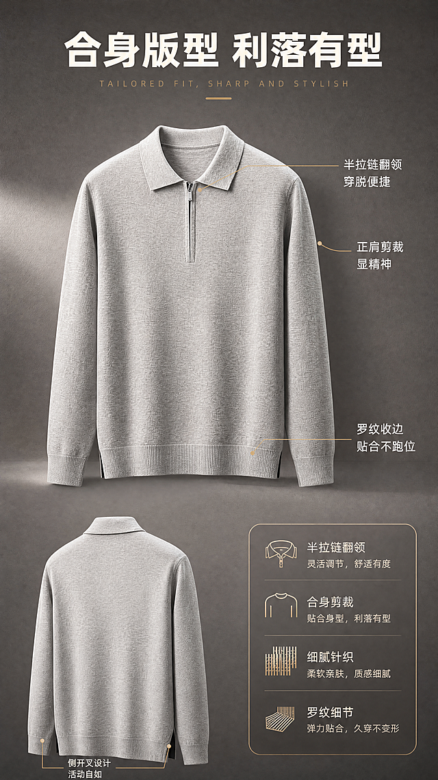 [商品] 使用【图5】浅灰色、【图8】浅灰色背面男士半拉链翻领针织polo衫；商品处理：保留翻领、半拉链、长袖、罗纹下摆袖口、侧开叉、针织纹理和浅灰色；自然去皱，理顺垂坠，增强织纹细腻度和拉链五金质感，不改变版型结构。
[画面] 目标：版型解析页，展示半拉链翻领设计与合身剪裁优势。构图：上方正面大图，下方左侧背面小图、右侧结构标注；采用引线标注型版式。主体占比约70%。景别：正面中景+背面近景组合。阅读动线：顶部标题→正面主图→下方细节标注。前中后景：前景浅灰投影，中景polo衫正面与背面展示，后景高级感浅灰渐变背景带细腻纹理。
[视觉] 套系策略：风格=简约国际大牌风高级商业摄影；标题字=现代无衬线粗体（字重Bold）；正文字=简洁无衬线体（字重Regular）；主色=深炭灰；背景延展=基于深炭灰做深浅层级、同色渐变和细腻哑光质感，辅以暖木色点缀；强调色=香槟金，仅用于小面积英文装饰、细线引线和标签；标题色=米白色；正文色=浅暖灰；组件=细线引线、极简圆角信息卡；光影=前侧暖柔光，均匀打亮衣物结构，阴影柔和。
[文字] 顶部主标题"合身版型 利落有型"；从领口引出引线标注"半拉链翻领 穿脱便捷"，从肩线引出引线标注"正肩剪裁 显精神"，从下摆引出引线标注"罗纹收边 贴合不跑位"，从背面引出引线标注"侧开叉设计 活动自如"；文字横向排版，引线纤细不杂乱。
[规格] 图片比例9:16竖版，4K，medium质量，避免变形、错字、文字过小、颜色改变、版型失真、白底孤立。