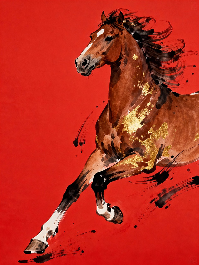 低饱和度主体，纯扁平，新中式，水墨风格，写意画
简约，主体内容": "一匹奔马，鬃毛呈飘逸的线条，躯体以棕为主色，马身随意点缀鎏金，只露出前半身前两个马蹄，从右上角上往左下角冲，点缀水墨线条在马匹周身",
    动作行为: 前蹄大幅向上扬起，鬃毛舒展，躯体肌肉因发力呈现紧绷的轮廓",
场景设定: "背景为高饱和正红色纯色平面。
风格参考: "抽象表现主义+新中式水墨
    
构图视角: 纵向竖幅中景构图，点缀水墨线条马匹周身，强化速度感