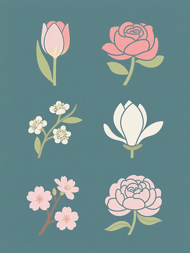 简约现代风格，纯色背景，6个规整排布的素材，每张素材均为单一花朵造型图案，花朵包含郁金香、桂花、玫瑰花、白玉兰、樱花、芍药，线条流畅，轮廓简洁，色彩明快，整体布局对称均衡，设计感强，符合现代审美。