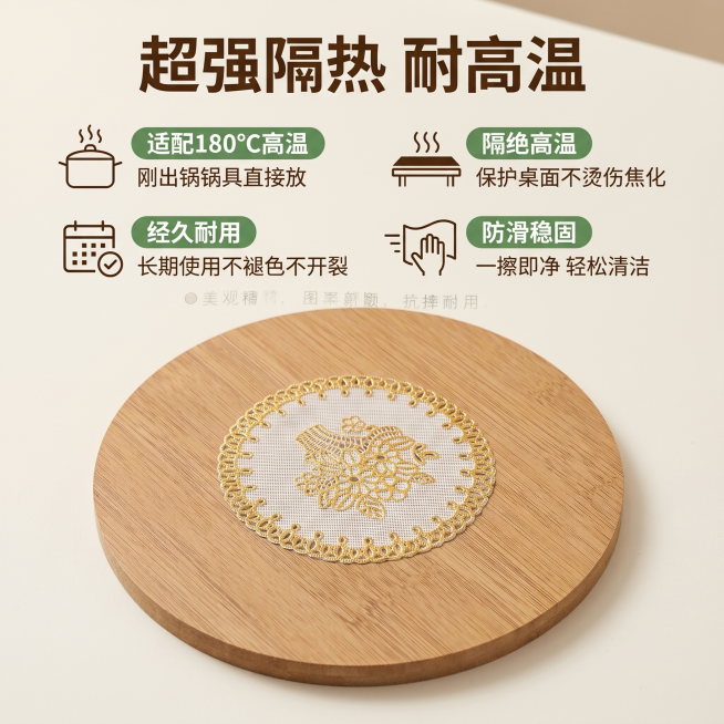 [主图 2] 浩云木纹隔热垫核心卖点展示
[氛围风格] 原木温馨居家实用风，简约日用商超质感，清晰直观
[画质] 商业摄影质感，光线柔和通透，产品清晰真实，画面干净高级
[元素] 圆形木纹隔热垫放置在预览效果