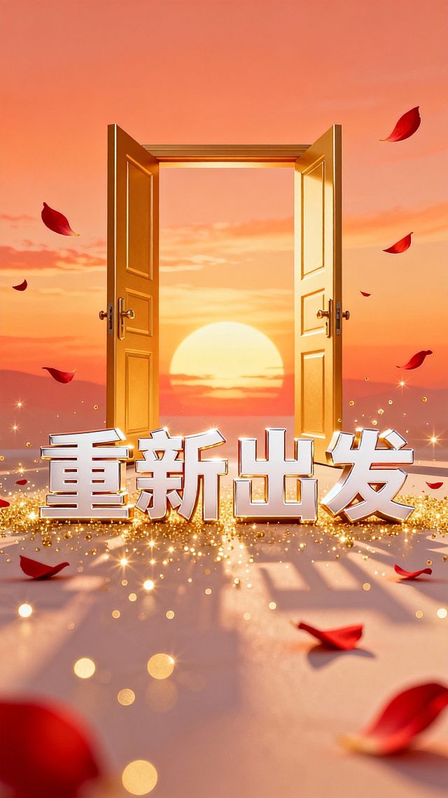 打开的金色门扉中央，门后是冉冉升起的朝阳，天空呈现暖橙色渐变，前景有“重新出发”四个白色立体文字，周围点缀金色光点和飘落的红色花瓣，整体氛围温暖充满希望