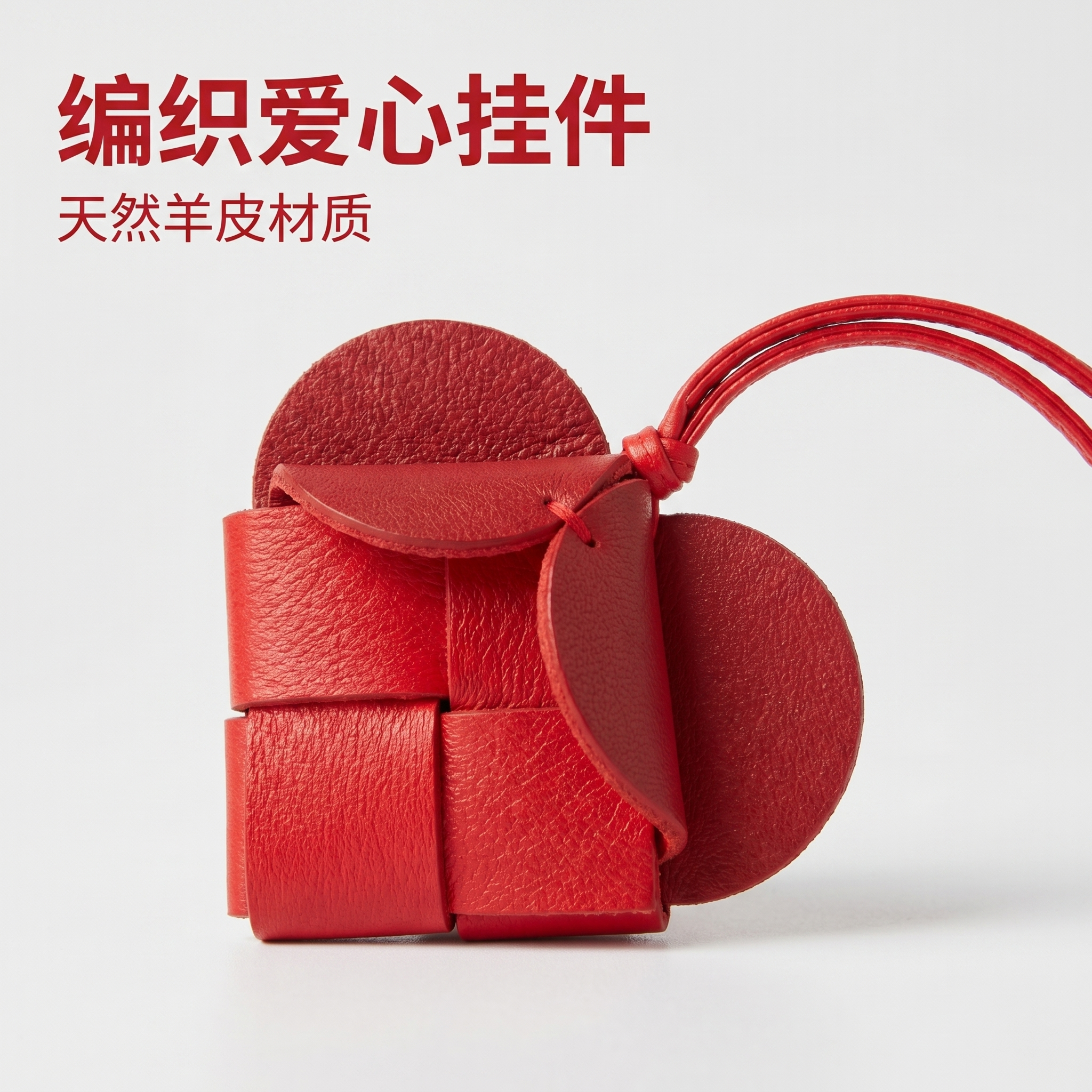 [主图 1] 红色羊皮编织爱心挂件首图展示。[氛围风格] 简约… - 图片创意预览