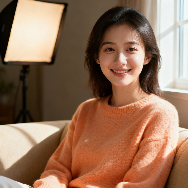 超写实人像，温柔女生，浅橙毛衣，室内暖光，表情放松，画面真实预览效果