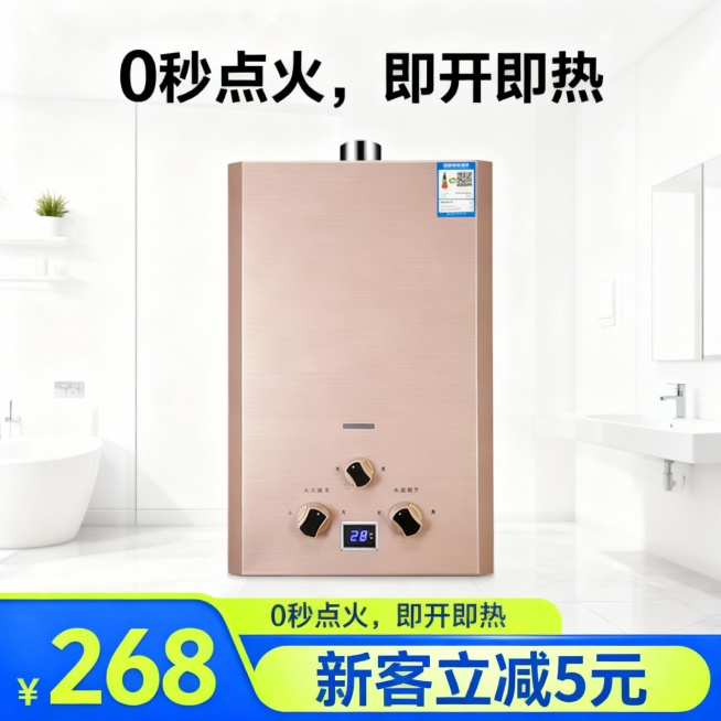 生成一张燃气热水器的电商主图。要求如下：
1、参考图商品在浴室环境中
2、商品亮点为“0秒点火，即开即热”
3、下方为商品价格“268”，优惠信息“新客立减5元”，蓝+荧光绿配色的边框预览效果