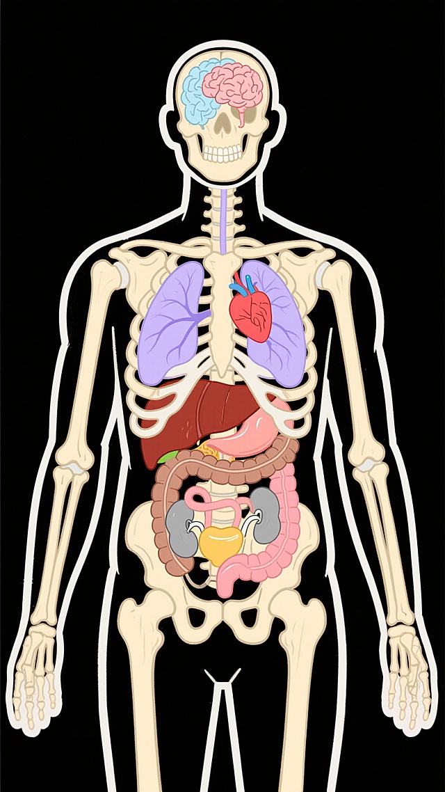 手绘风格的人体解剖示意图，以白色为背景，采用清晰的线条勾勒出完整的人体骨骼结构和主要内脏器官，骨骼呈淡米黄色，大脑为浅蓝色，肺部为淡紫色，心脏为红色，肝脏为红褐色，胃为棕色，肠道为灰色，肾脏为粉红色，膀胱为黄色，所有器官和骨骼均以简洁、平面的手绘风格呈现，无立体阴影，线条流畅且边缘平滑，整体构图为正面站立人体，各器官位置准确且清晰可见，具有科普教育性质的医疗插画风格。