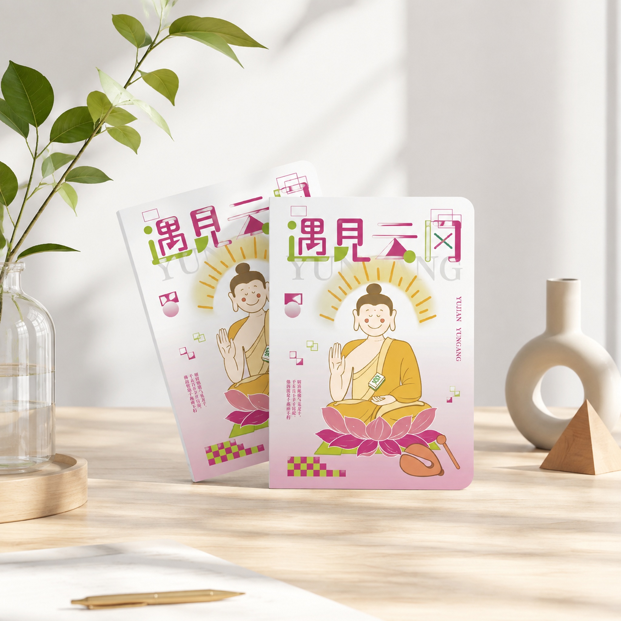 将图中的文创本子放置在现代简约风格的室内场景中，干净的浅木色桌… - 图片创意预览