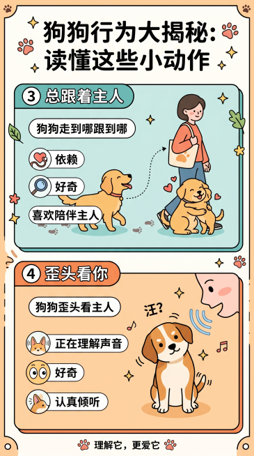 小红书科普图文，扁平卡通动画风格，展示狗狗两种行为：③总跟着主人：狗狗走到哪跟到哪，代表依赖、好奇、喜欢陪伴主人；④歪头看你：狗狗歪头看主人代表正在理解声音、好奇、认真倾听。画面清晰美观，文字排版整齐预览效果
