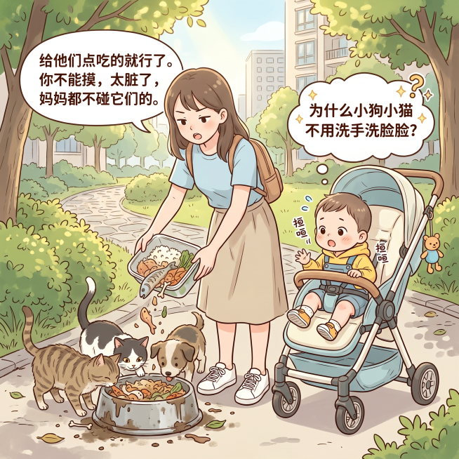 重新生成漫画：楼下户外晒太阳场景，妈妈牵着小仙君，顺手把装着吃剩的鱼骨头鸡骨头的剩菜剩饭倒进流浪猫狗脏兮兮的饭盆里，小仙君坐在婴儿推车里惊奇地看着，心里疑惑冒出想法气泡写着“为什么小狗小猫不用洗手洗脸预览效果