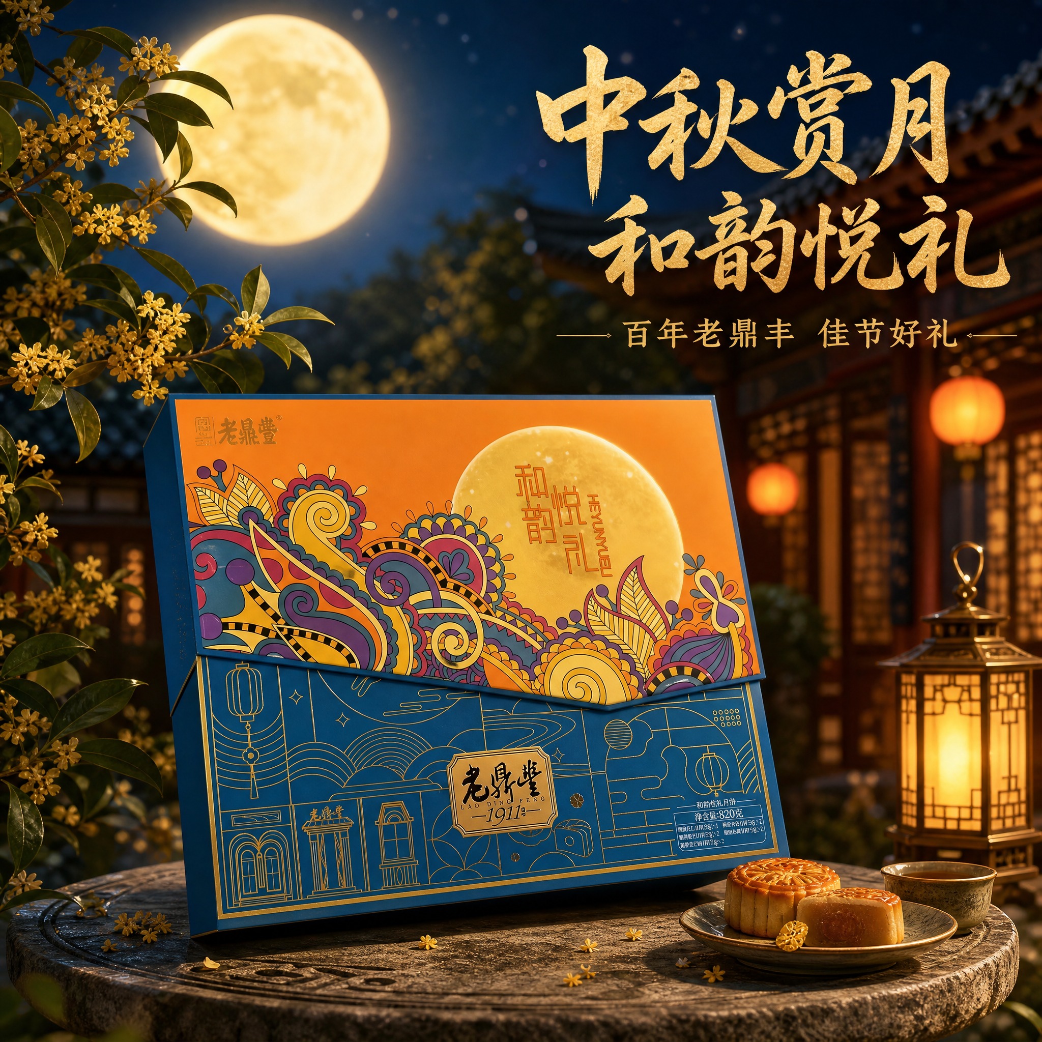 电商主图，老鼎丰和韵悦礼月饼礼盒第三张。中秋月夜场景：礼盒放置… - 图片创意预览