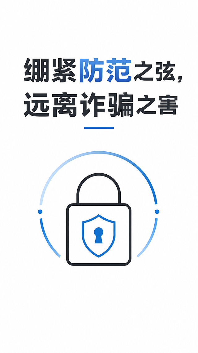 反诈骗公益海报，简洁干净白色背景，下方配一把锁的简约图形，上方文字"绷紧防范之弦，远离诈骗之害"，整体排版简单干净