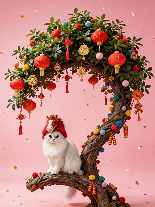 参考图中宠物头顶一顶显眼的红色毛绒马头帽，直视镜头，眼神无辜而梦幻。身旁矗立一棵弯曲如弧形的枝叶繁茂的巨型树，缀满红灯笼、迷你中国结、金色福字挂饰、彩色绒球与小鞭炮造型装饰。整体构图居中对称，宠物为视觉焦点，站在底部树枝上，树体形成动态弧线引导视线。营造温馨元旦节日氛围，背景纯粉色，空中飘着细碎的金色彩带，整体热闹松弛，强化童话质感。画面如电影静帧，充满童趣与艺术氛围。