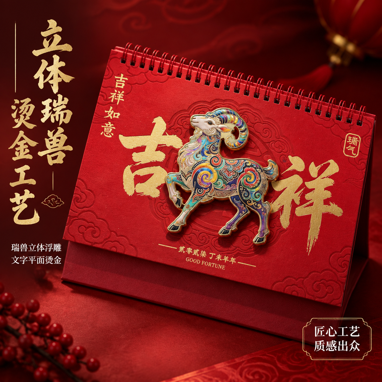[主图-2] 核心卖点证明，突出立体瑞兽造型与平面烫金文字的工… - 图片创意预览