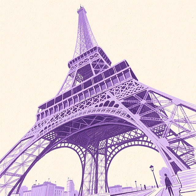 紫色埃菲尔铁塔插画，单色设计风，浪漫氛围，情侣剪影点缀。