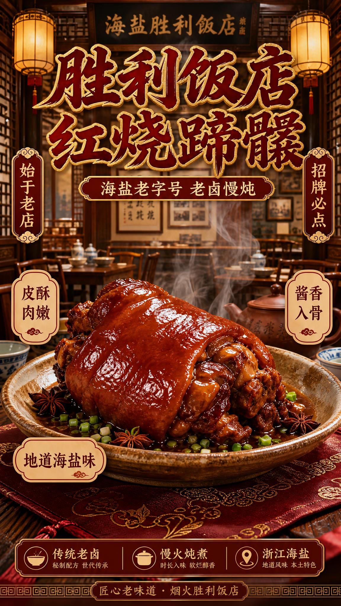 写实商业摄影风格的美食海报。画面主体是一只色泽红亮、酱香浓郁的… - 图片创意预览