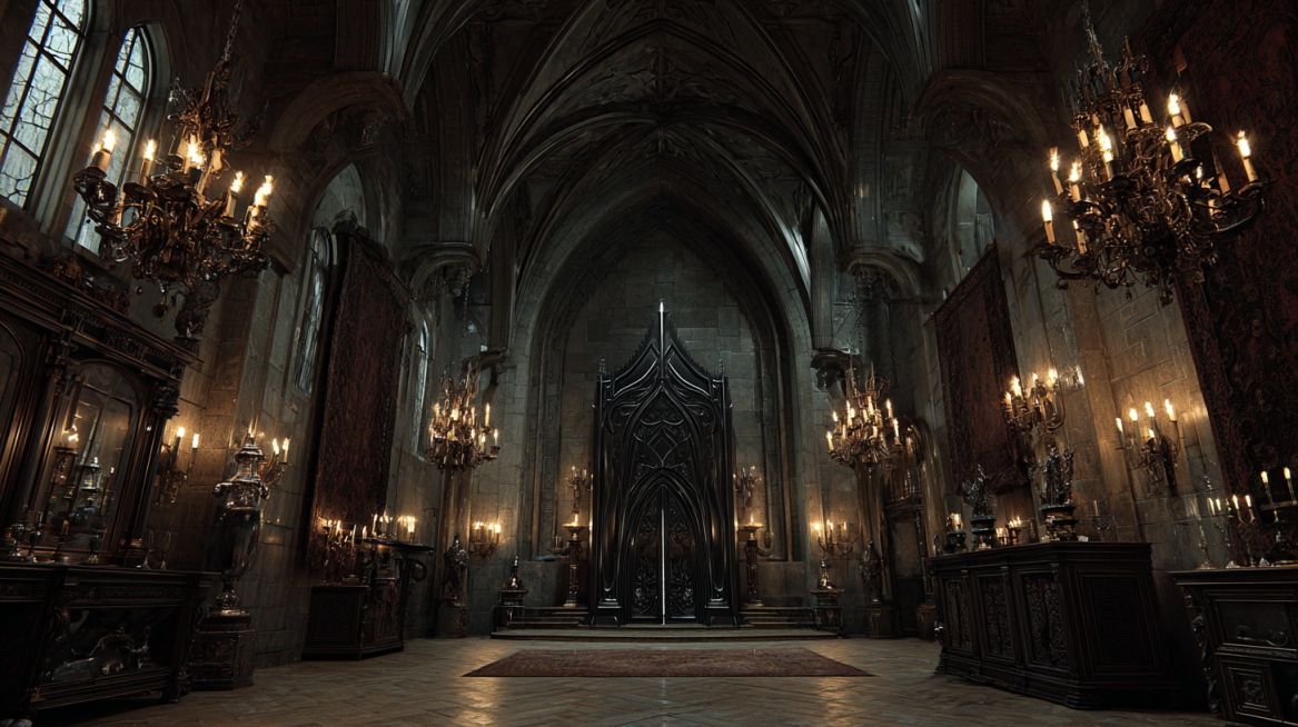 photorealistic ultra-detailed wide-angle panoramic shot of a gothic castle chamber, frontal perspect预览效果