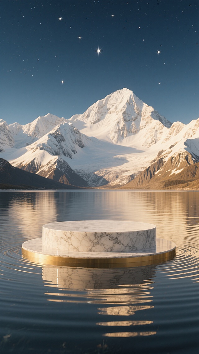 宁静的湖面中央，一座圆形展台作为视觉中心静静伫立，展台表面呈现出细腻的大理石纹理，质感温润而高级。展台四周的水面泛起层层涟漪，倒映着展台的轮廓，增添了一丝动态的美感。背景是连绵起伏的雪山，山顶覆盖着皑皑白雪，在深蓝色的天空下显得格外雄伟壮丽。天空中点缀着几颗闪烁的星星，营造出一种神秘而悠远的氛围。整体画面采用温暖的金色调，光线柔和地洒在展台和雪山上，形成了丰富的光影层次，给人一种高端、大气、宁静而又充满力量的感觉。