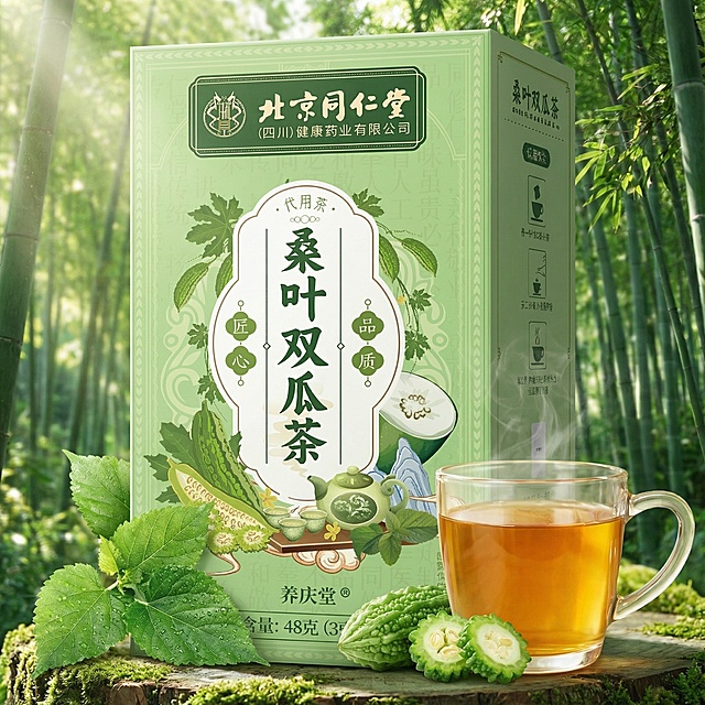 帮我生成三张电商的产品主图，标题上 桑叶双瓜茶，画面要清凉一点