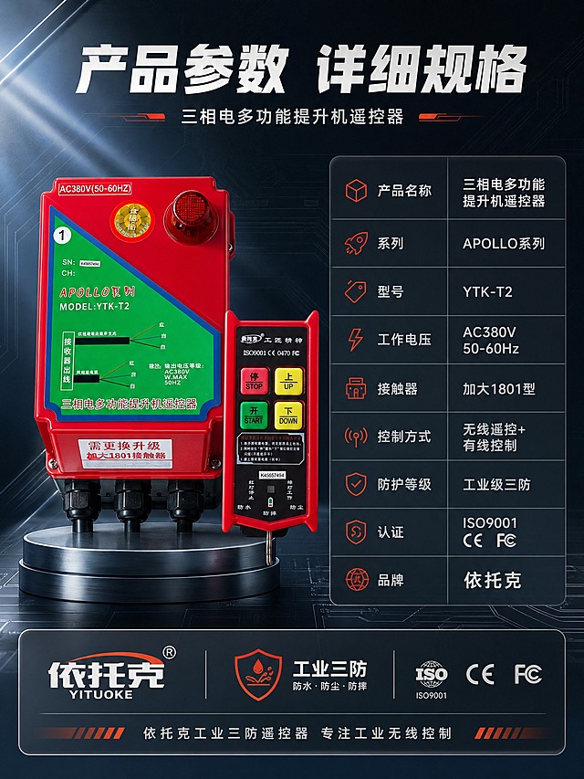 [商品] 使用【图1】红色接收器主机、【图2】红色无线遥控器；保留产品外观和结构；产品图作为参数表的辅助展示。
[画面] 详情页第9张规格参数收口页，目标用清晰的参数表完成产品信息收尾。左右构图，左侧为产品正视图（接收器主机+遥控器组合），右侧为详细参数表格。底部有品牌和认证信息栏。
[视觉] 套系策略：风格=高端工业科技风商业摄影；标题字=粗黑无衬线体；正文字=简洁无衬线体；主色=深蓝灰；背景延展=基于深蓝灰做深浅渐变、金属质感纹理、科技光带和电路板暗纹；强调色=橙红色，仅用于小面积图标、引线、标签和重点数字；标题色=纯白色；正文色=浅灰色；组件=圆角深色信息卡、细线引线、工业风图标；光影=左上方主光，产品边缘高光清晰，底部柔和接触阴影。
[文字] 顶部主标题"产品参数 详细规格"（8字）。右侧参数表包含：产品名称"三相电多功能提升机遥控器"、系列"APOLLO系列"、型号"YTK-T2"、工作电压"AC380V 50-60Hz"、接触器"加大1801型"、控制方式"无线遥控+有线控制"、防护等级"工业级三防"、认证"ISO9001 CE FC"、品牌"依托克"。底部通栏："依托克工业三防遥控器 专注工业无线控制"。
[规格] 图片比例3:4竖版，4K，避免变形、错字、文字过小、参数错误、产品颜色改变、水印和平台Logo。