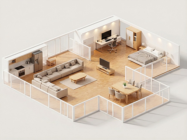 参照以上图片的光影与构图，并生成以下描述的图片：现代简约室内空间3D等轴测透视图，采用45度俯视角构图，嵌入式照明均匀照亮整个空间，光线从天花板柔和洒落，在家具边缘形成细腻阴影层次，窗户引入自然光线，与室内灯光形成光影交织，增强空间立体感和深度