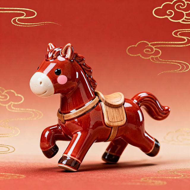 萌趣国风写实风设计，红棕陶瓷小马与祥云纹样结合，营造红火喜庆的马年氛围